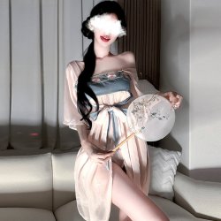 Ancient Chinese Style Lingerie Set - Sheer Chiffon Hanfu Dress with Seductive Palace-style DUDOU for Women