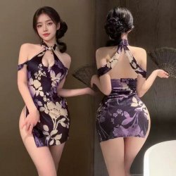 Cherry Blossom Vintage Qipao Lingerie Set - Purple Seductive Sleepwear & Roleplay Costume
