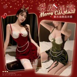 Christmas Vintage Velvet Lace Deep V Sexy Sleep Dress – Retro Erotic Nightwear for New Year