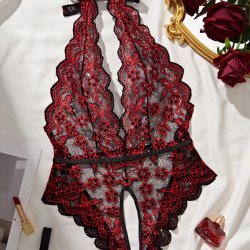 Deep V Lace Bodysuit for Women - Floral Print Open-Crotch Backless Sexy Lingerie with Elegant Design