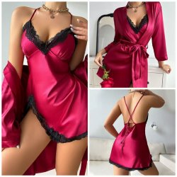 European Women's Lace Trim Sleep Dress & Robe Set – Sexy Elegant Matching Loungewear Two-Piece Set