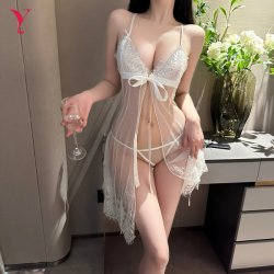 Feiniao Kuiyue Sexy Lace Sleepwear Set - Sheer Open-Front Cami & Slip Nightgown Ensemble