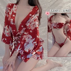 Gioruo Sexy Deep V Lingerie Set - Japanese Print Kimono Style Bedroom Outfit, Thin & Alluring