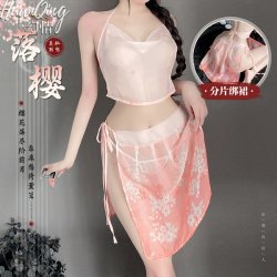 Han Qing Vintage-Inspired Silk-Look Bind Skirt Belly Dance Bodice - Sakura Sheer Lace Sleepwear Set