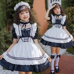 Japanese Girl Black Maid Dress - Cute Lolita Princess Costume for Kids, Kawaii Child Servant Outfit
