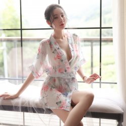 Japanese-Style Sexy Lace Sleepwear Set – Sheer Chiffon Kimono Robe & Matching Lingerie Outfit