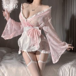 Kawaii Bunny Maid Costume - Japanese-Style Sexy Sleep Robe with Bow & Rabbit Print, Cute & Alluring Lingerie Set