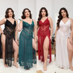 Lace Sheer Robe Nightgown - Sexy Transparent Mesh Sleepwear with Side Slit for Women