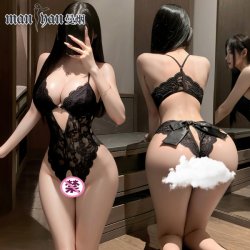 Lace Temptation Open-Crotch Bodysuit for Women - Sexy Sheer Sleepwear & No-Remove Lingerie Set