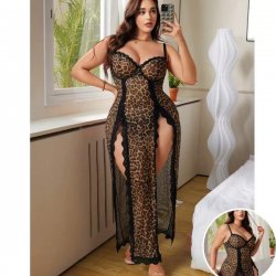 Leopard Print Sheer Lace Chemise Set - Sexy Bridal Lingerie Nightwear for Women