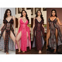 Elegant Sheer-Back Long Nightgown Set - Sexy Split-Front Lingerie Dress for Women