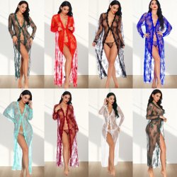 Plus Size Sheer Lace Robe Set with Matching Thong - Sexy Long Sleepwear for Women, Elegant Intimate Apparel