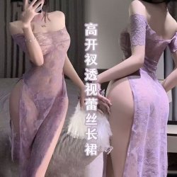 Purple Lace Cheongsam Dress - Sexy Off-Shoulder High-Slit Sheer Long Gown with Butt-Cutout, Pure-Yet-Sensual Outfit