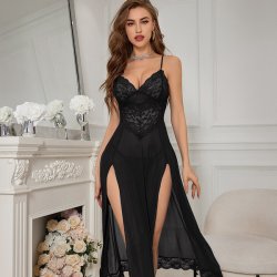 Sexy Lace Sleepwear Set for Women – Sheer High-Slit Long Nightgown,Europe and America-Inspired Seductive Lingerie