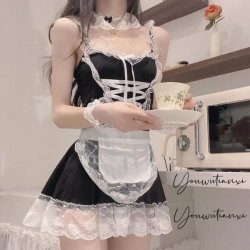 Maid Costume for Women - Sexy Lace Role Play Outfit with Ruffled Hem & Sheer Details