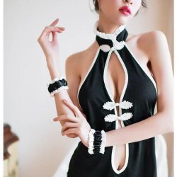 Mannyqing Elegant Vintage Cheongsam Sleepwear Set – High-Slit Backless Lingerie with Mandarin Collar & Frog Closures