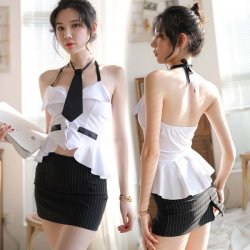 Mannyqing Secretarial Costume Set - Strapless Tie, Backless Striped Mini Skirt, Sexy & Playful Lingerie Outfit