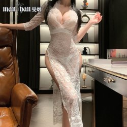 Manyan Sexy Deep V Lace Sleep Dress Set - Vintage Sheer High-Waist Slit Nightgown Ensemble