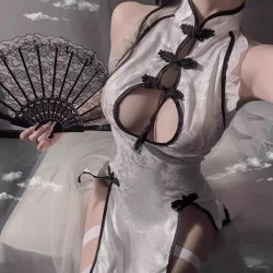 Meijia Ren Lingerie Set - Vintage Cheongsam Style Sheer Mesh Sexy Outfit, Pure & Tempting Costume