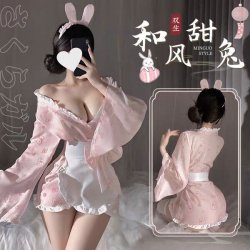 Mizhilan Sexy Lingerie Bunny Maid Costume - Japanese Kawaii Pure-Temptation Kimono Robe with Rabbit Print