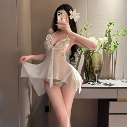 Night Silk Sensual Backless Lace Sleep Dress - Sheer Mesh Butterfly Halter Nightgown Erotic Lingerie Set