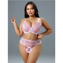Pink Romantic Lace Sexy Lingerie Set - Floral Sheer Women's Three-Piece Intimate Apparel for Date Night