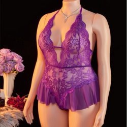 Plus Size Lace Bodysuit with Cut-Outs & Halter Neck - Sheer Seductive Sleepwear for Women