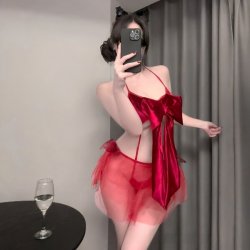 Plus Size Sexy Lace Sleep Dress - Red Sheer Mesh Role Play Nightgown with Open-Crotch Design