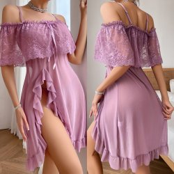 Plus Size Sexy Lace Sleepwear Set - Sheer Off-Shoulder Nightgown for Women, Transparent Romantic Lounge Dress