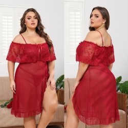 Plus Size Sexy Lace Sleepwear Set - Sheer Off-Shoulder Cami Dress with Transparent Mesh & Floral Embroidery