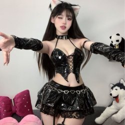 Genuine Pu Leather Sexy Uniform Lingerie - Seductive Anime Devil Costume with Cut-Out & Ties