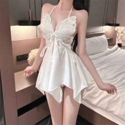 Pure Color Butterfly Lace Sleep Dress - Sexy Satin Slip Nightgown for Women, Pure-Aesthetic Lounge Wear
