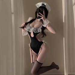 Pure & Seductive Lingerie Set - Busty-Free Lace Maid Costume Sleepwear Bodysuit for Women