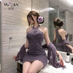 Pure & Seductive Lingerie Set - QQNY Silk-Look Cheongsam Bodysuit with High-Waisted Pencil Skirt, Elegant Sensual Outfit