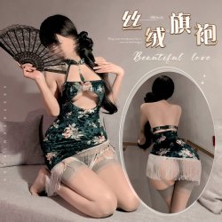 Qingran Vintage Velvet Cheongsam Lingerie - Seductive Peony Print Bodycon Dress with Tassels