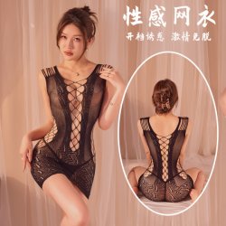 Qingyege Sensual Lingerie Set for Women – Sheer Transparent Mesh Bodysuit with Open-Crotch Design & Matching Stockings