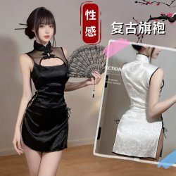 Retro Chinese Qipao Lingerie Set - Sexy High-Slit, Lace-Up, Sheer Bodysuit Sleepwear for Women