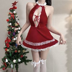 Ruotang New Year Red Lace Sleep Dress - Sensual Bare-Back Nightgown for Christmas & Valentine's Day