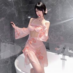 Seductive Sheer Backless Hanfu Sleep Dress Set - Sensual Lace Trimmed Sleeveless Chemise with Side Slit