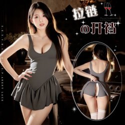 Sensual Lace Open-Crotch Zipper Dress - Alluring Sheer Mesh Outfit for Adults