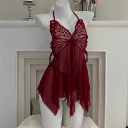 Sexy Backless Lace Sleep Dress with Butterfly Neck Strap - Sheer Mesh Lingerie Set for Women