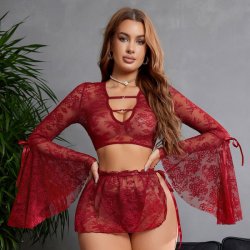 Sexy Sheer Lingerie Set - Pure Temptation Deep V Lace Sleepwear with Detachable Ties & Flared Sleeves