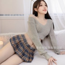 Sexy Student Uniform Set - JK Style Plaid Mini Skirt & Low-Neck Sweater Outfit for Adults