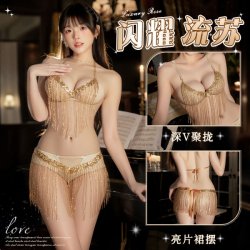 Shimmering Tassel Sheer Dancer Costume - Sexy Open-Crotch See-Through Lingerie Set with Thong & G-String