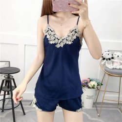 Summer Embroidered Lace Women's Silk-Look Cami Shorts Two-Piece Sleepwear Set for Home & Lounging