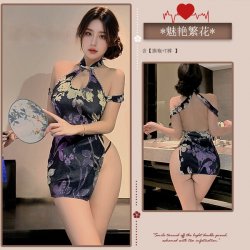 TaoNaiEr Sensual Silk Velvet Qipao Lingerie - Purple Floral Chinese-Inspired Seductive High-Slit Open-Cup Nightwear