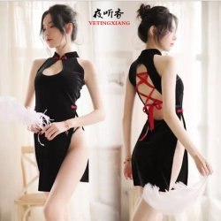Velvet Vintage Chinese Qipao Lingerie for Women – Back-Tie Corset with Sheer Cut-Outs & Sensual Uniform Style