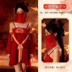 Vintage Chinese Court-Style Lingerie Set – Peony & Hanfu-Inspired Silk Robe with Veil and Sheer Tang Dynasty Skirt