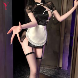 Vintage Chinese-Inspired Sexy Sleepwear Set – Tight-Fit Cheongsam Nightgown with Lace & High Slit for Bold, Alluring Sty