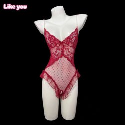 Women's Sensual Pearl-Chain Strap Bodysuit - Sheer Deep V Lace Sleepwear with Open-Crotch Design